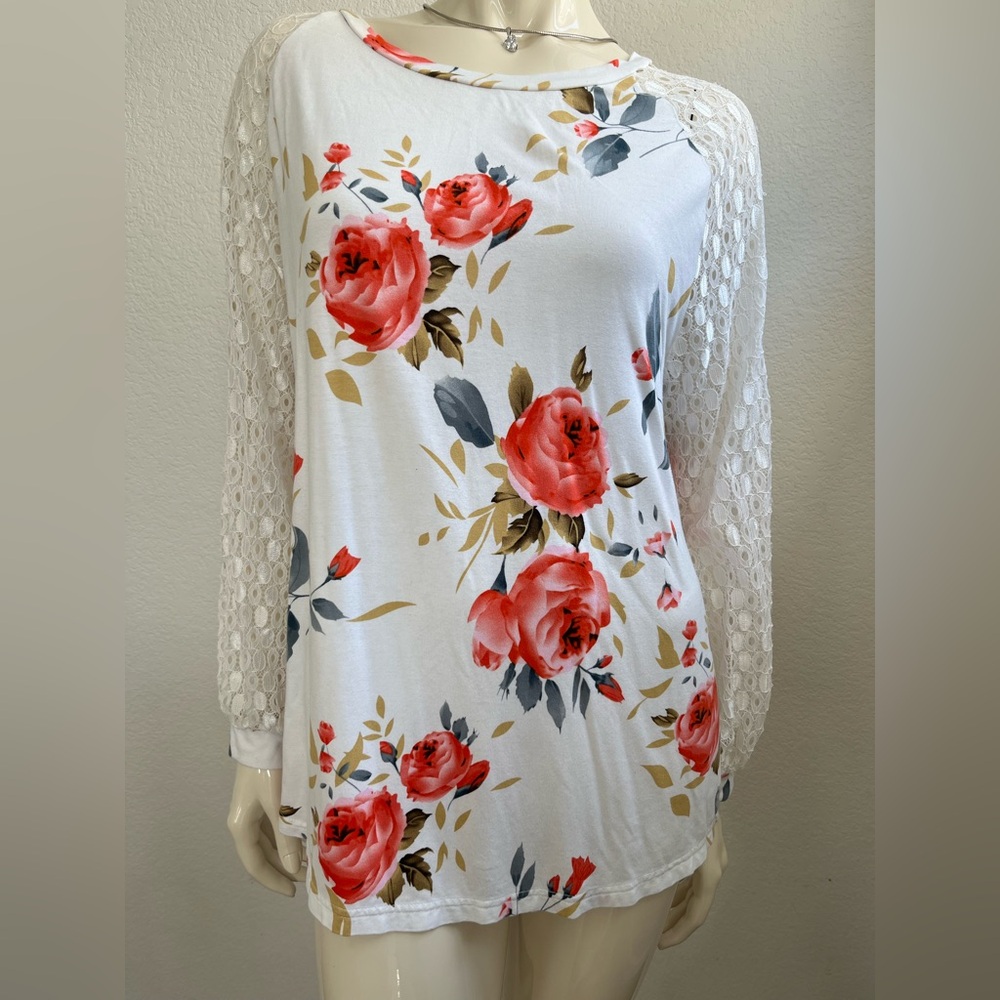 Floral Lace Sleeve Top - White and Red
